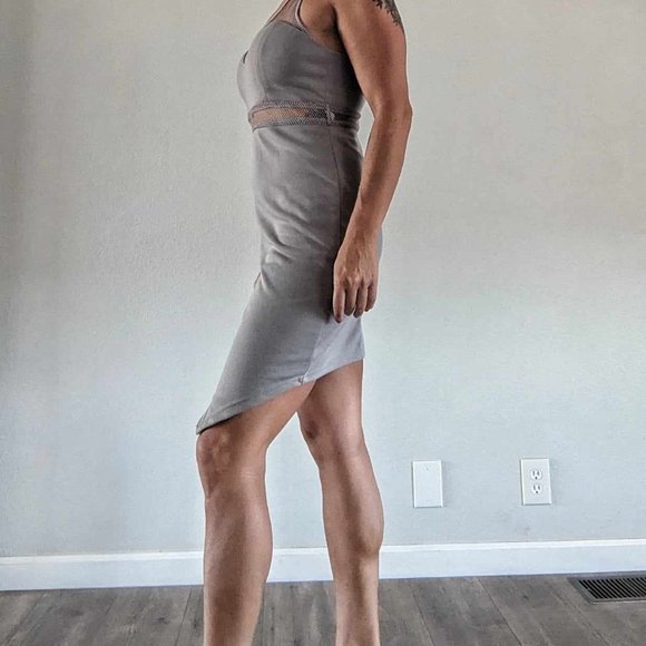 Grey mini dress with mesh and asymmetrical hem. S - Picture 5 of 9
